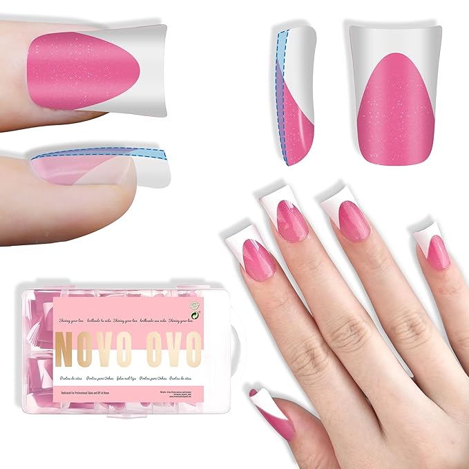 NOVO OVO Short Duck Nail Tips French Tip Press On ROSE PINK with Glitter, Soft Gel Nail Extension, Need Buider Gel Top Coat, No Glue included, Full Cover Acrylic False Nails for DIY x 12 Sizes 240 pc