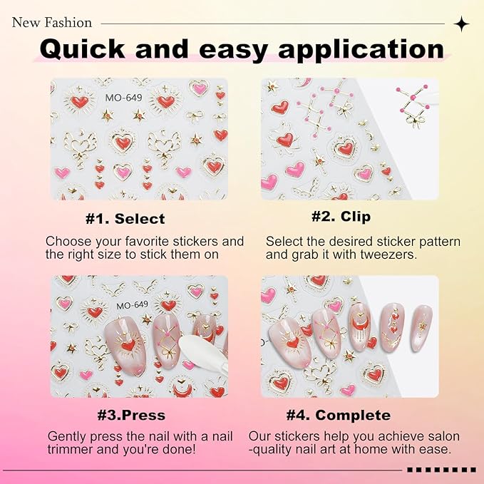 3 Sheets Valentines Nail Stickers for Nail Art Gold Baroque Jewel Red Blue Pink Heart Love Moon Bow Designs 5D Embossed Self Adhesive Nail Decals for Women DIY Manicure Decoration YX1237