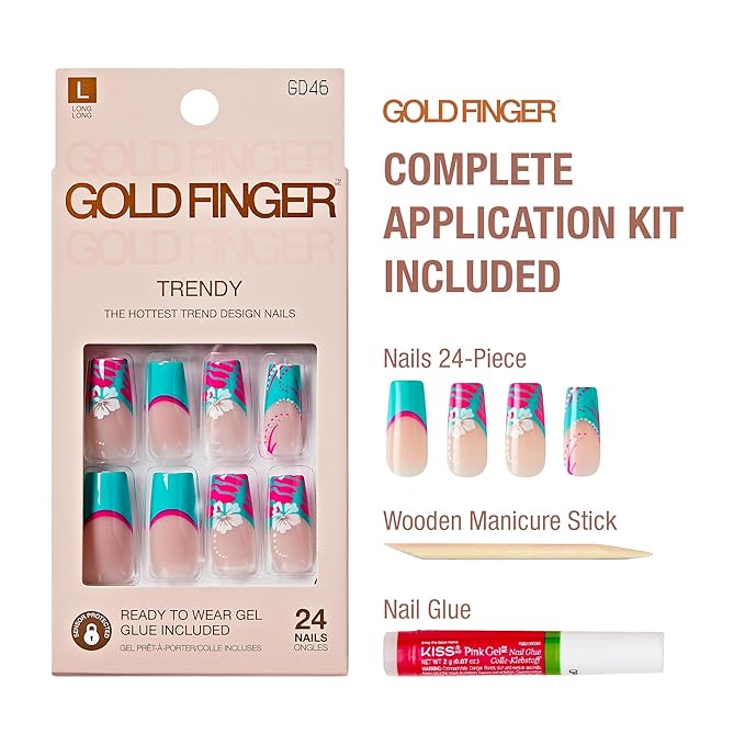 GoldFinger 24 Pcs Press On Nails, Long Square Fake Nails, Flower French Tip Gel Stick On Extensions, Reusable Full Cover False Nail Kit with Glue, Manicure Stick & File, 7 Day Long Lasting Wear