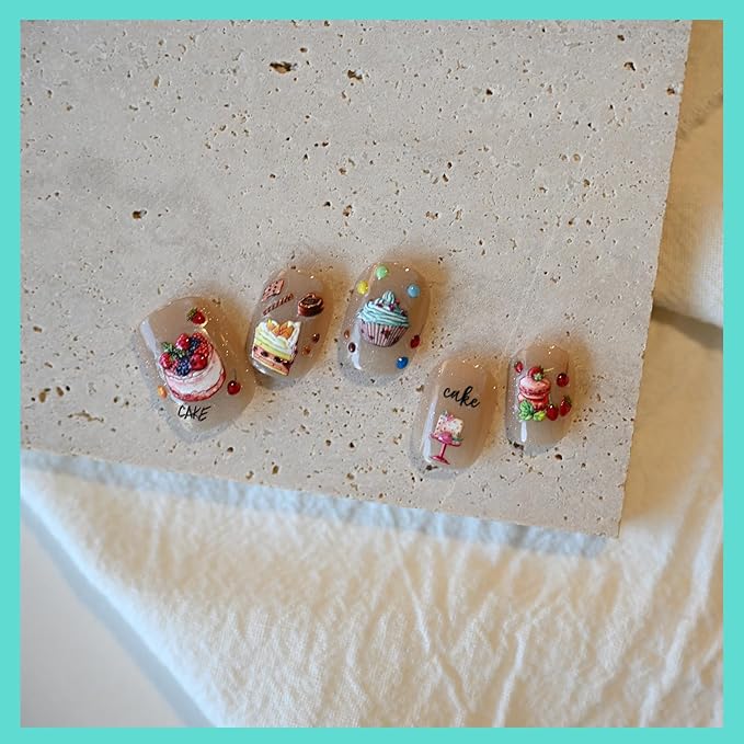 Cute Birthday Nail Stickers, 3D Cake Dessert Nail Decals, Self-Adhesive Nail Accessories & Supplies, Durable & Long-Lasting 3 Sheets