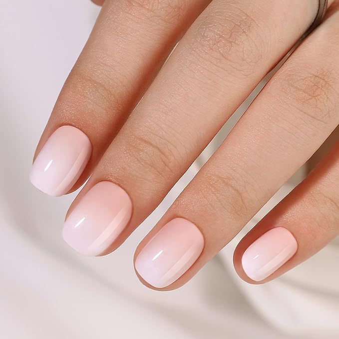 Gel Press On Nails - White Ombre Square Short Fake Nails With Glue, 16 Sizes, 32Pcs Reusable Soft Gel False Tips Kit
