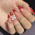 French Tip Press on Nails Medium Almond Fake Nails with Bow Charms Glue on Nails Red French Tips Nails Acrylic Press ons Stiletto Artificial Nails Cute Bow False Nails for Women Manicure Design 24 Pcs