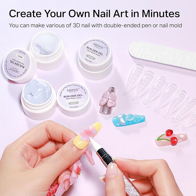MIZHSE 3PCS 3D Nail Art Gel Clear and White Solid Builder Gel for Nails, 5 in 1 Non-Sticky Sculpture Hard Building Gels with Dual Form for 3D Carving Patterns Flowers for Beginner DIY Salon at Home