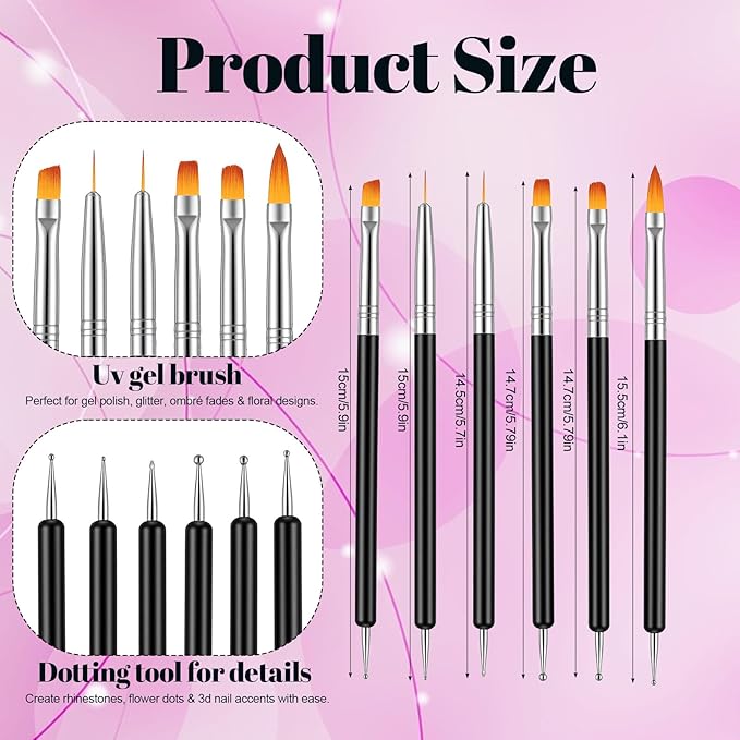 6Pcs French Nail Brush Set, Double-Ended Nail Art Brushes, Acrylic Nail Clean Up Brush with Dotting Tool, Fingernail Art Design Pens (14.5#, 14.7#, 14.7#, 15#, 15#, 15.5#)
