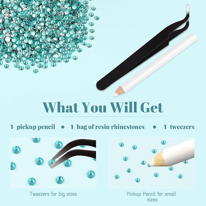 8000PCS 3mm Resin Rhinestones Bulk for Crafting (Lake Blue), Flatback Bedazzling Crystals for Crafts DIY Nail Decoration, Gems Charms for Tumbler Shoes Clothing Fabric with Pickup Pen and Tweezers