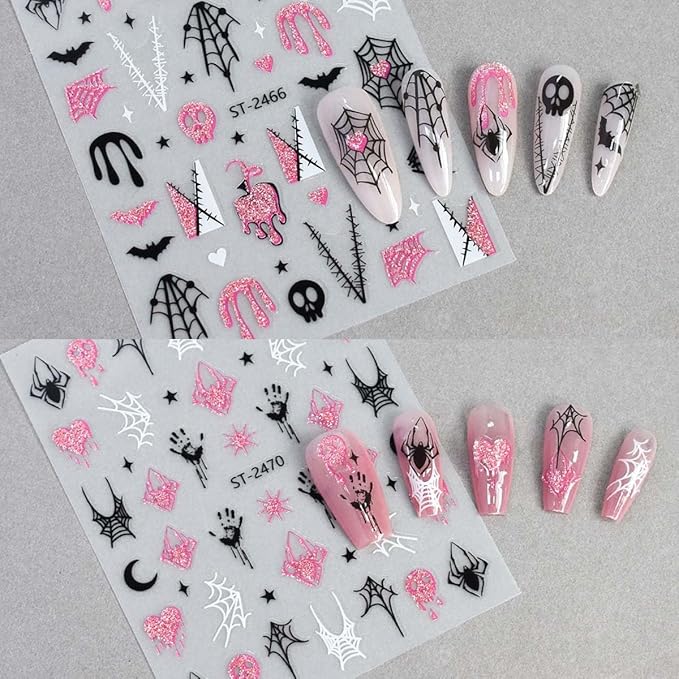 8 Sheets Halloween Nail Stickers Pumpkin Spider Web Nail Art Stickers with Pink Glitter Design Ghost Bat Nail Decals 3D Self Adhesive Sticker for Nails,Halloween DIY Manicure Decor for Women Girls
