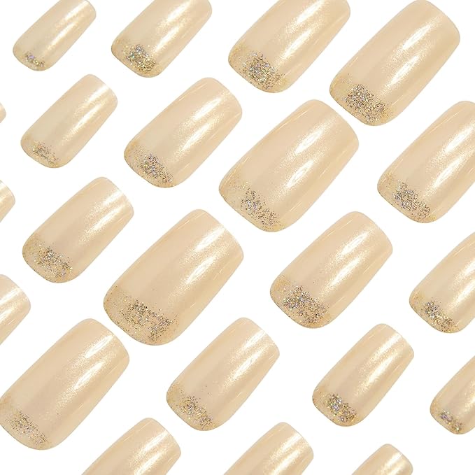 Press on Nails Square - Short Fake Nails with Glitter Design - Winter Full Cover Stick on False Nails - for Women 24 Pcs