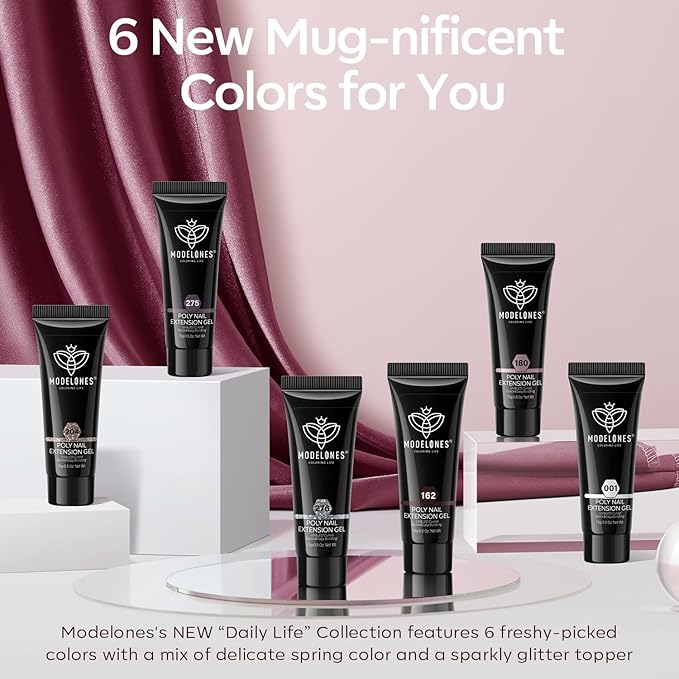 Modelones Poly Nail Gel Set, 6 Colors Burgundy Red Brown Champagne Gold Poly Extension Gel Builder Snow White Nude Grey Elegant Lady Collection French Manicure DIY Home Salon