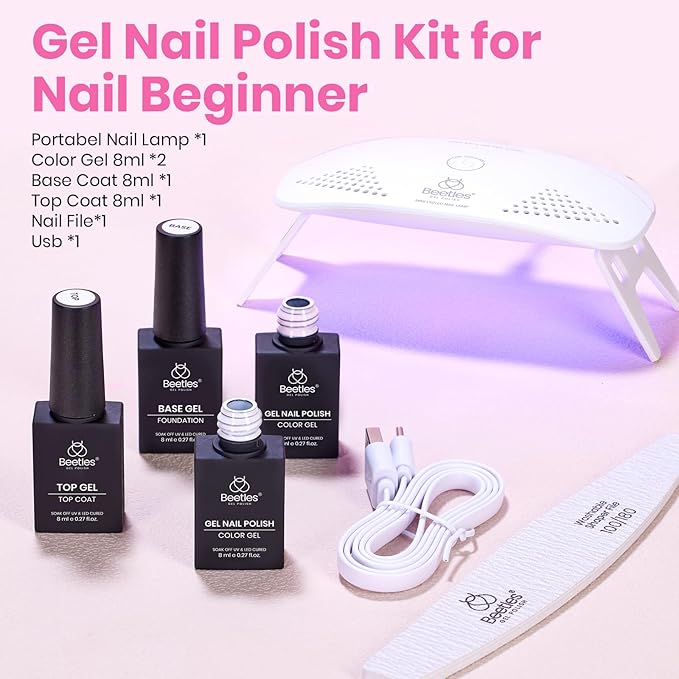 Beetles 2 Colors 8ML White Pink Gel Nail Polish Kit with U V Light, 6 Pcs Gel Polish Set French Tip DIY Manicure Kit with Base & Top Coat Nail File for Beginners Soak Off Gifts for Women Girls Teens