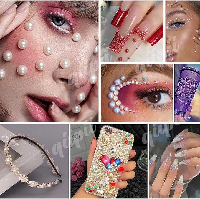 qiiipi 2 Big Boxes Red Resin Pearls and Rhinestones w B7000 Glue for Bedazzling Crafting Flatback Stones Gems Diamonds Half Pearls Bedazzler Kit Charms for Nails Eyes Face Makeup Tumblers DIY Crafts