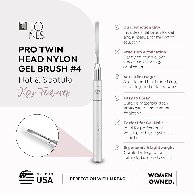 Tones Twin Head Nail Art Gel Brush - Kolinsky Sable Hair - Ultra Precise Nail Sculpting & 3D Art (#4 Flat & Spatula)
