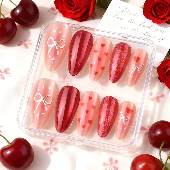Valentines Press on Nails Medium Almond Fake Nails Red Heart Nails Press Ons Bow Glue on Nail Glossy Full Cover False Nails Gradient Acrylic Stick on Nail for Women Decoration Set 24Pcs