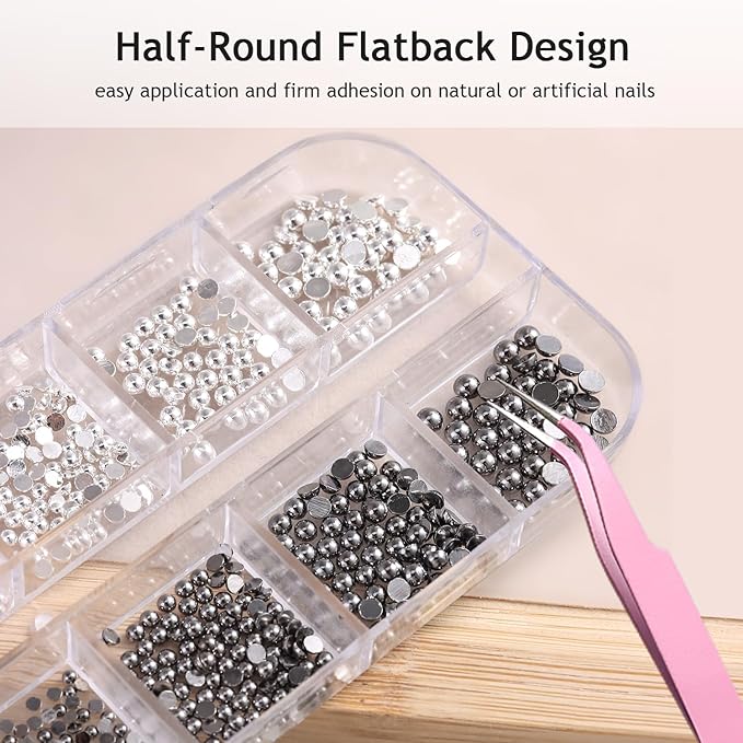 Nail Caviar Beads Set, Mixed Size Silver & Black Metal Alloy Nail Beads for Nail Art, Half-Round Flatback Y2K Nail Decorations Accessories with Tweezers, Professional Manicure Supplies