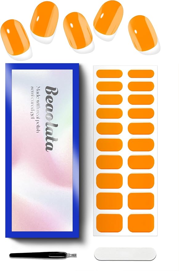 Semi Cured Gel Nail Strips - UV Light Gel Nail Stickers - 20 Long Lasting Salon Quality Wraps (Marigold Orange)