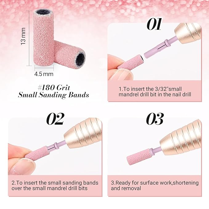 MelodySusie 50 Pcs Nail Drill Bits Small Sanding Bands with 3.1mm Mandrel Bit, 180 Fine Grit Nail File for Acrylic Nails Gel Manicures and Pedicure, Pink (Pack of 2)