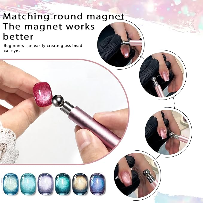 WOKOTO 6 PCS Cat Eye Magnet Set For Nails With 4 PCS Y&O-Shape Iron Stencils Set, Cylinder Nail Art Magnet Pre-Designed Magnets Pen for Heart Ring Cat Eye Patterns, Beginner-Friendly Quick Application