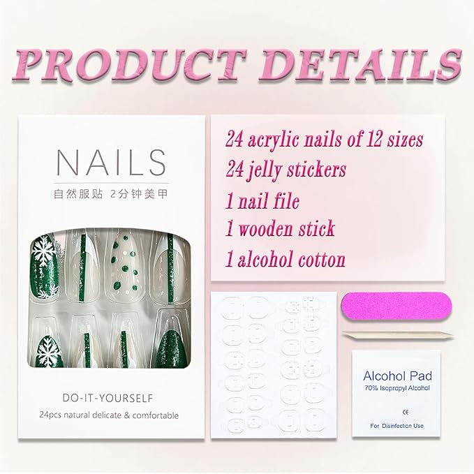Christmas Press on Nails Medium Almond MABKJLF French Tip Fake Nails False Nails with Snowflake Bow Green & White Polka Dots Glitter Designs Glossy Glue on Nail Acrylic Nails for Women Girls 24Pcs