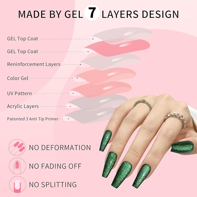 Dark Green Cat Eyes Press On Nails,12 Sizes - 24 Pcs Soft Gel Green Medium Coffin Fake Nails Kit with Nail Glue, Natural Reusable Stick On False Nails for Women and Girls SK0998