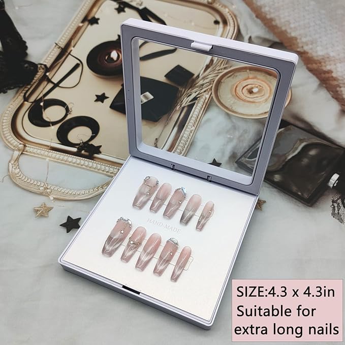 Press On Nail Packaging Boxes - 3D Floating Storage and Display Box With 60pcs Double Sided Adhesive Tape for Nail Tech (White, 4.3 Inch)