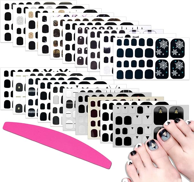 SILPECWEE Toe Polish Strips - Black Full Wraps for Women, Self Adhesive Stickers, Gel Strips for Toenails Decoration With Nail File (20 Sheets)