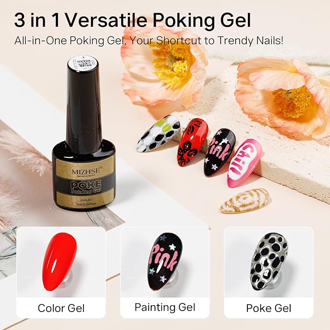 MIZHSE Poke Gel Nail Polish Set, with Professional Poke Foundation Gel, Multifunctional Drawing Painting Nails Art Design Classic Colors Lace Letter Wave Flower Manicure DIY Home Gift for Women