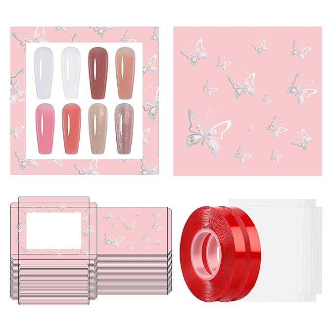 ANGNYA 72PCS Empty Press On Nail Packaging Box Contains 35PCS Butterfly Press On Nail Boxes, 35PCS White Display Cards, 2PCS Double Sided Tapes, Nail Tip Storage Case for Press-on Nail Business