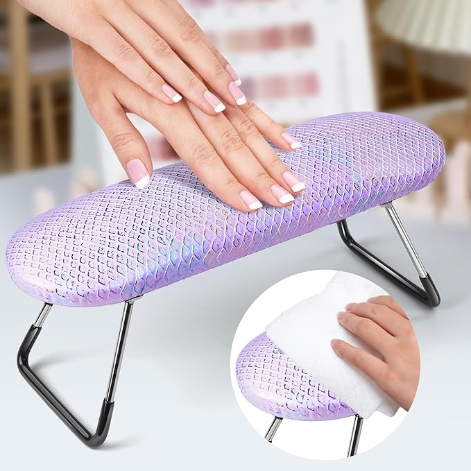 krofaue Professional Nail Hand Rest Stand - Nail Arm Rest High Density Sponge Foldable PU Leather Nail Arm Rest for Nail Tech with Non-Slip Stable Reduce Hand Fatigue Fit for Manicure Salon Use Purple