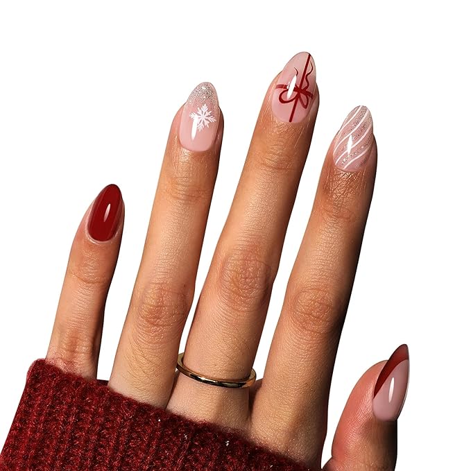 Beetles Christmas Press On Nails - Christmas Bow | Short Almond Press On Nails | 32Pcs 16 Sizes Natural Salon Quality Red French Nail Tips With Quick-drying Nail Glue For Women