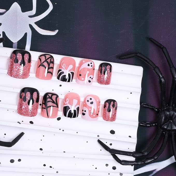 24Pcs Halloween Pink Press on Nails Short Square Fake Nails with Cute Ghost Pumpkin Spider Web Design Red Glitter False Nails Full Cover Artificial Glue on Nails Halloween Stick on Nail for Women DIY