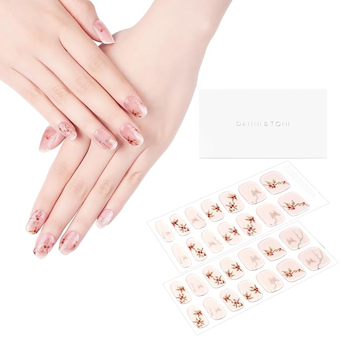 DANNI & TONI Semi Cured Gel Nail Strips Flower Rose Hip Gel Nail Wraps Golden Butterfly UV Led Nails 28 Stickers Gift for Women | Blossom