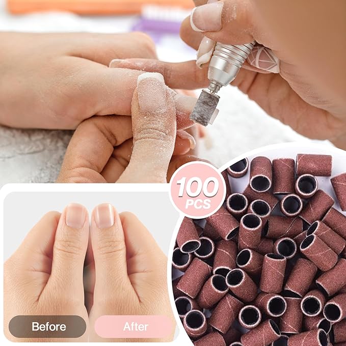 MelodySusie 100 Pcs Professional Sanding Bands Nail Manicure 180 Grit File Sand Piece Set For Nail Drill Bits