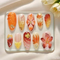 30Pcs Handmade Press on Nails Medium Almond Fake Nails, French Tips False Nails with 3D Maple Leaf Flowers Rhinestone Designs Reusable Full Cover Acrylic Nail for Women DIY Manicure