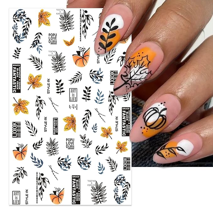 Fall Nail Stickers - Autumn Squirrel Pumpkin Leaves Self-Adhesive 3D Nail Decals for Women Girls DIY Thanksgiving Day Maple Manicure (6 Sheets)
