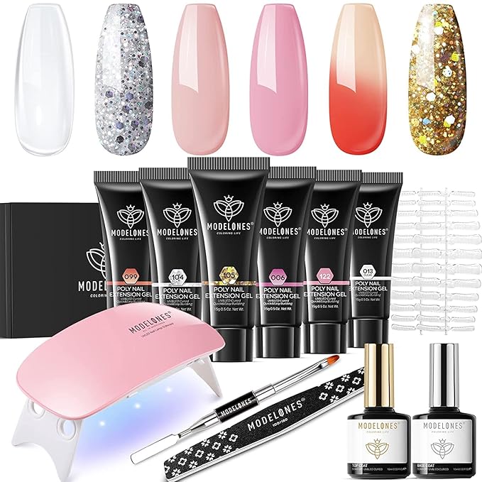 modelones Poly Gel Nail Kit 6 Colors with 8 W Nail Lamp Extension Gel Kit Clear Red Golden Complete Tools Beginner Thickening Solutions DIY at Home for Women