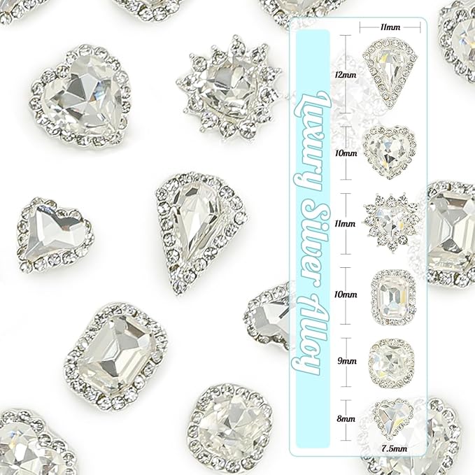 24Pcs 3D Alloy Silver Clear Nail Art Rhinestones Luxury Charms for Nails- 3D Alloy Heart Nail Charms, Elegant Silver Nail Crystal Diamonds Stones Studs for Acrylic Nails DIY Crafts Jewelry
