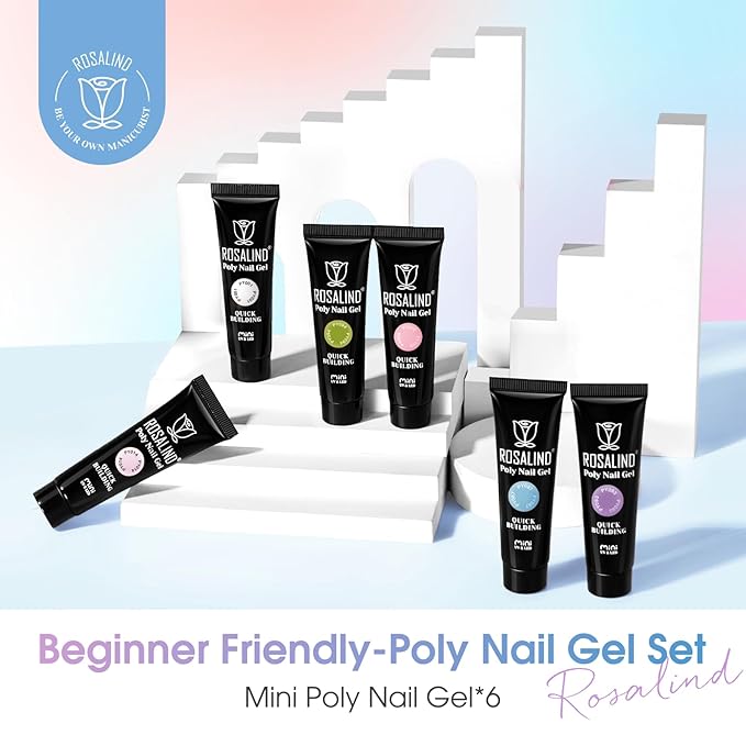 ROSALIND Poly Nail Gel, 6 Colors 0.34 oz/10 ml Poly Extension Gel Pink Blue Green Nail Enhancement Strong Builder Hard Gels for French Manicure Home Salon Design, Need U V/LED Lamp