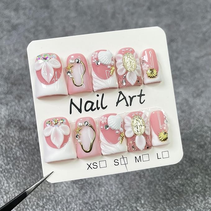 Handmade Press on Nails Short Duck Fake Nails French False Nails White Flower Acrylic Nails Full Cover Reusable Rhinestones 3D Shell Fake Nails for Women Girls Accessories (Size S)