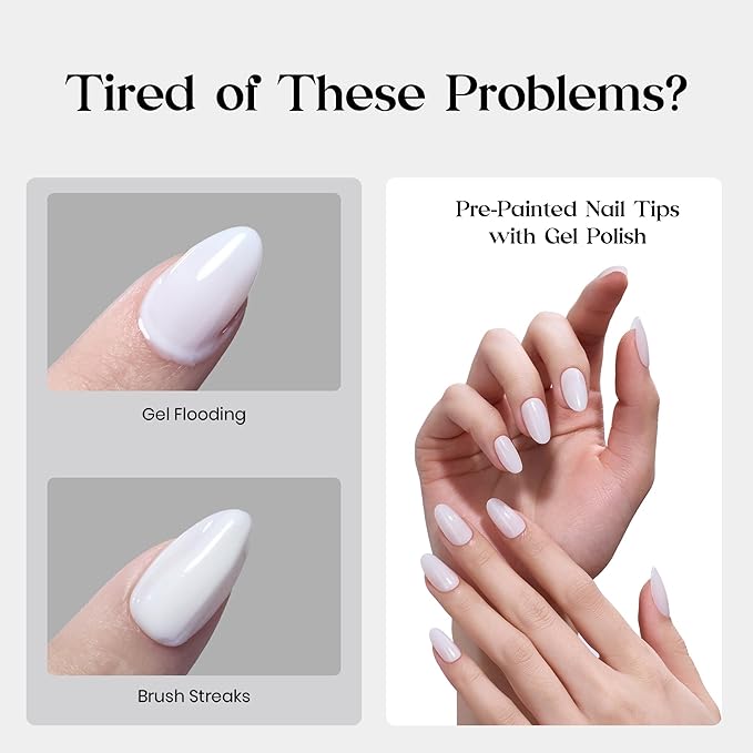 Beetles Natural Milky White Nail Tips | 160PCS, 16 Sizes Short Oval Nail Tips | Pre-Colored Full Cover Soft Nail Gel Fake Nails | Salon-Gel Look for DIY Manicure