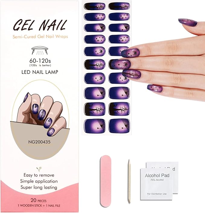 20pcs Halloween Semi Cured Gel Nail Strips - Salon Quality DIY Wraps,UV Needed