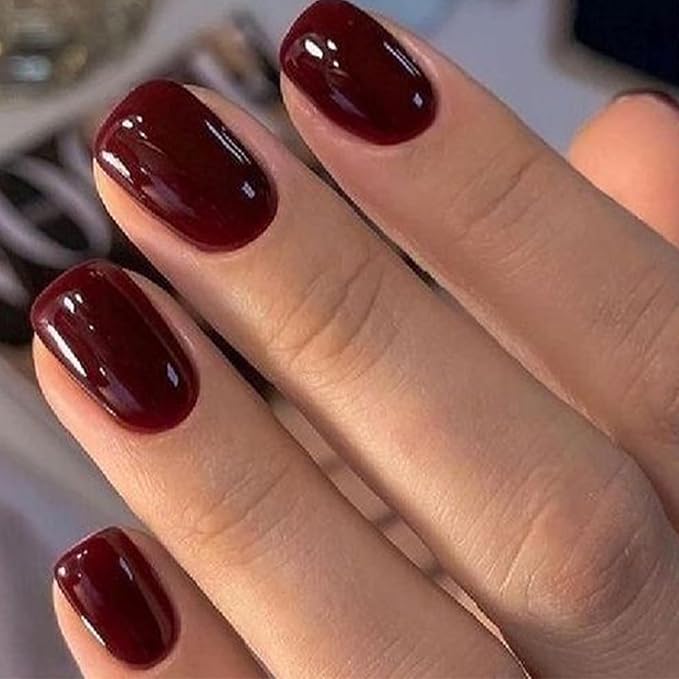 Modelones Press on Nails, Dark Red Short Square Fake Nails, Spring Reusable Nail Kit with Nail Glue Adhesive Tabs Mini Nail File, Nails Press Ons 32Pcs16 Sizes, Women Girl Gift