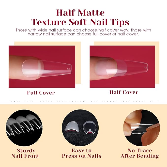 264PCS Half Matte Long Coffin Soft Fake Nail Tips, ROSALIND 12 Size Soft Full Cover False Tips Half Matte Long Coffin Gel Nail Tips for Nail Extension Acrylic (One-Sided No File)