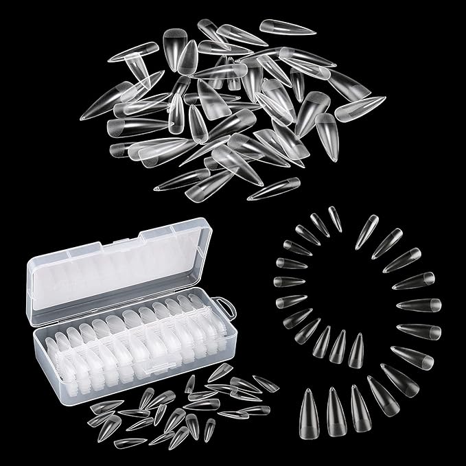AIMEILI Long Stiletto Gel Nail Tips 432PCS Pre-buff Almond Fake Clear Nails Full Cover, Acrylic False Press on Nails with Box for Nail Art Salon and Home DIY, 10 Sizes