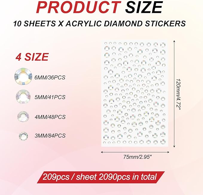 PATIKIL 2090 Pcs Acrylic Gem Sticker, 4 Size 3/4/5/6mm Self Adhesive Rhinestones Face Gem Stones Bling Jewelry for Nail Art Craft Clothes DIY Makeup Decoration Party, AB White