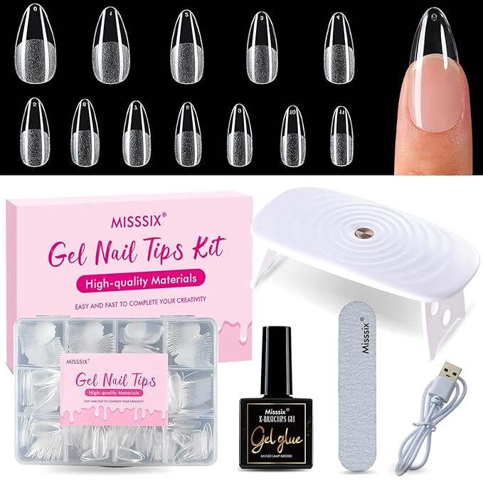 Misssix Medium Almond Gel Nail Tips Kit, 360Pcs Pre Etched Clear gel x Fake Nails, Full Cover False Nail 9-in-1 Gel Glue and Portable Mini U V Nail Lamp for Women 12 Sizes