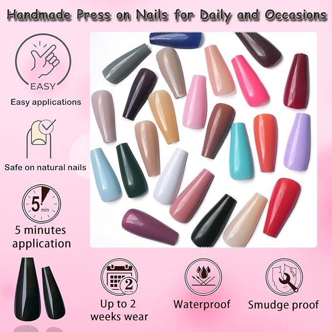 LoveOurHome 576pc Coffin Press on Nails Long Colored Fake Nails Tips Full Cover Medium Ballerina Press on Nail Acrylic Artificial False Fingernails Manicure Decor