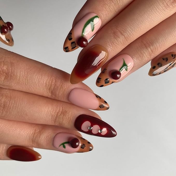 Handmade Press on Nails Brown French Medium Almond Fake Nails with Cherry Rhinestone Design Spring Summer False Nails Luxury Gradient Stick on Nail Muti-Layer Gel Acrylic Nail for Women (Size S)