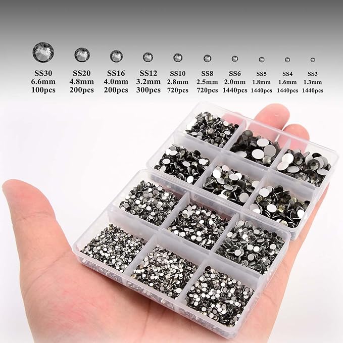 NCB 8000pcs Non Hotfix Rhinestones 10 Sizes Flatback Crystal Glass Rhinestones with Tweezers and Picking Pen for Nail Art Clothes Bags Phone Decorations Crafts DIY (003 Black Diamond Mix SS3-SS30)