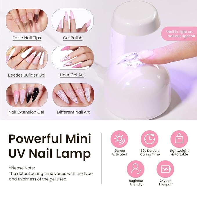 Beetles Tipex Instant Apex Nail Tips Kit – Stiletto Medium, Pre-Building Pre-Etched Thick Acrylic Tips with Tipex Nail Glue, Dehydrator, Primer, Base & Top Coat, Mini UV Lamp 224PCS in 16 Sizes