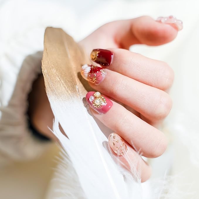 Sun&Beam Nails Handmade Press-on Short Oval Red Pink Gold 3D Flower Japanese Design Fashion False Nail Tips 10 Pcs Set (#210 XS)