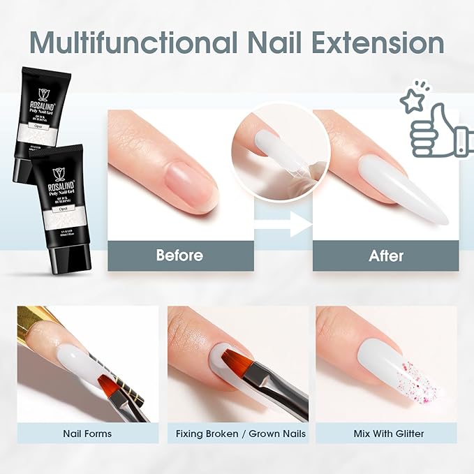 ROSALIND White Poly Extension Gel, 2oz/60ml White Poly Nail Gel for Nail Art Decoration, Pure Color Builder Whites Thickening Polys Extension Easy to DIY Use at Home Need UV Lamp